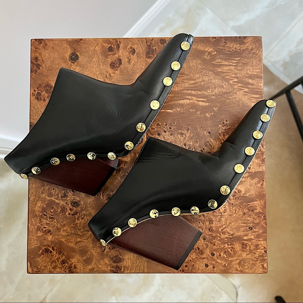 CELINE PHOEBE PHILO Rodeo High black leather point toe gold stud mule Size 7
